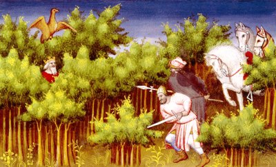 Genghis Khan Escapes His Enemies by Hiding in the Bushes, from Livre des Merveilles du Monde, c.1410-12 by French School